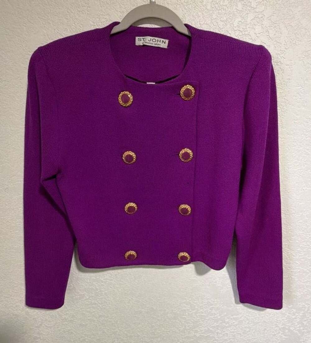St. John Knit Jacket Size 10 Purple Double Breasted Gold Buttons